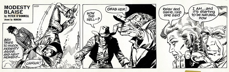 Modesty Blaise daily strip 6591 - Grab Her! (Original) (Signed) by Modesty Blaise (Romero) Art at The Illustration Art Gallery