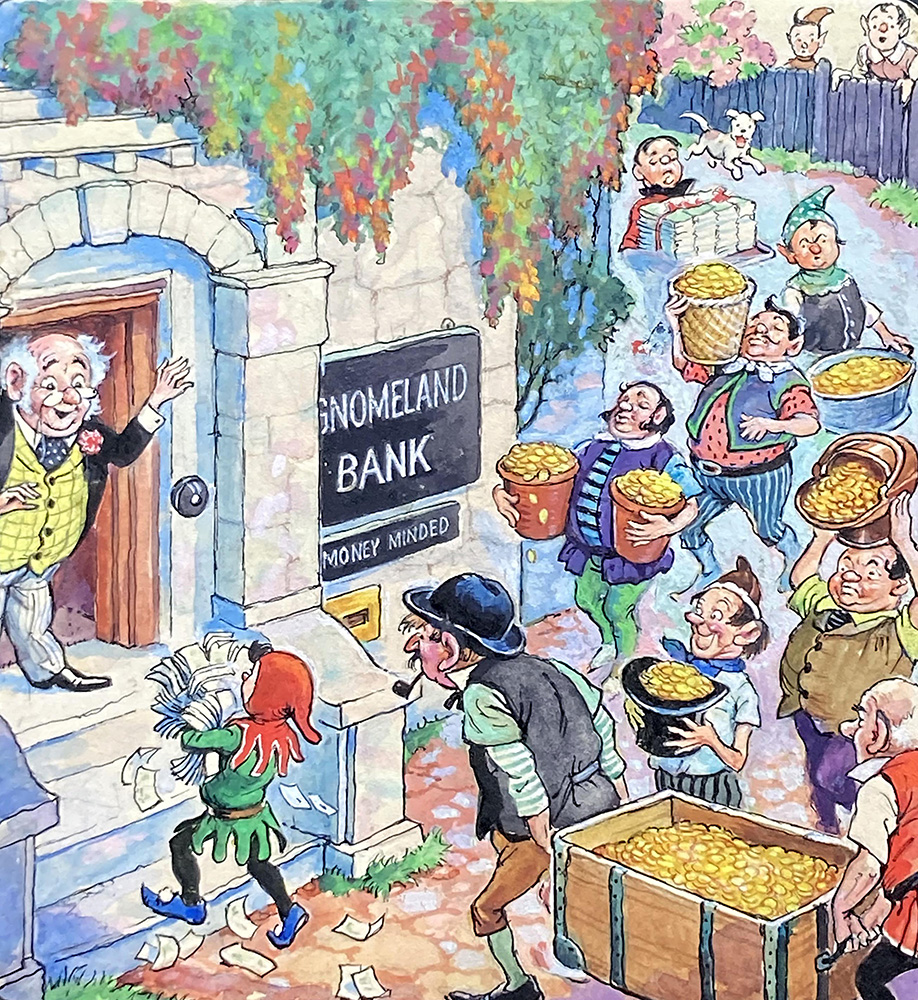 Norman Gnome at the Gnomeland Bank (Original) art by Geoff Squire Art at The Illustration Art Gallery