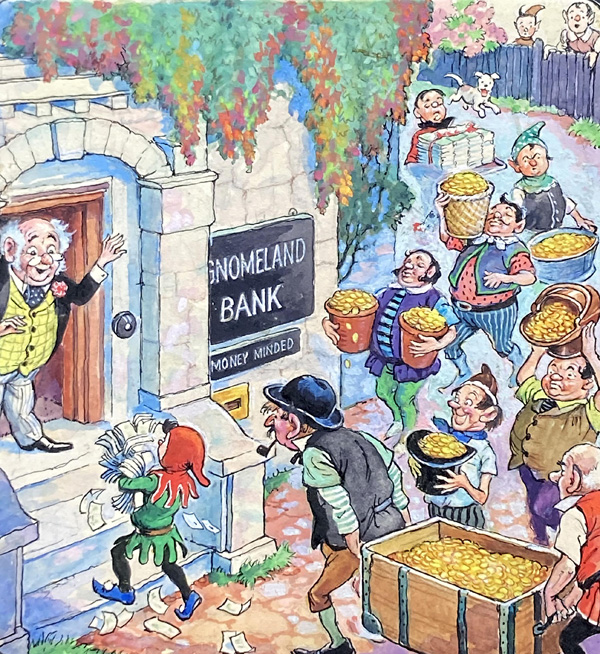 Norman Gnome at the Gnomeland Bank (Original) by Geoff Squire at The Illustration Art Gallery