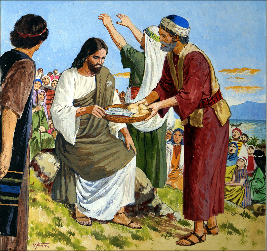 Jesus - The Miracle of Feeding the Five Thousand (Original) (Signed) art by The Bible (Uptton) at The Illustration Art Gallery