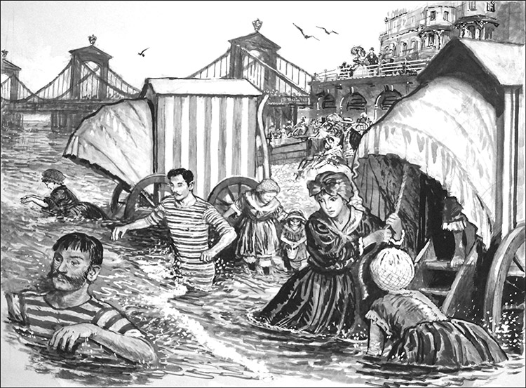 Victorian Bathing at Brighton (Original) by Clive Uptton Art at The Illustration Art Gallery