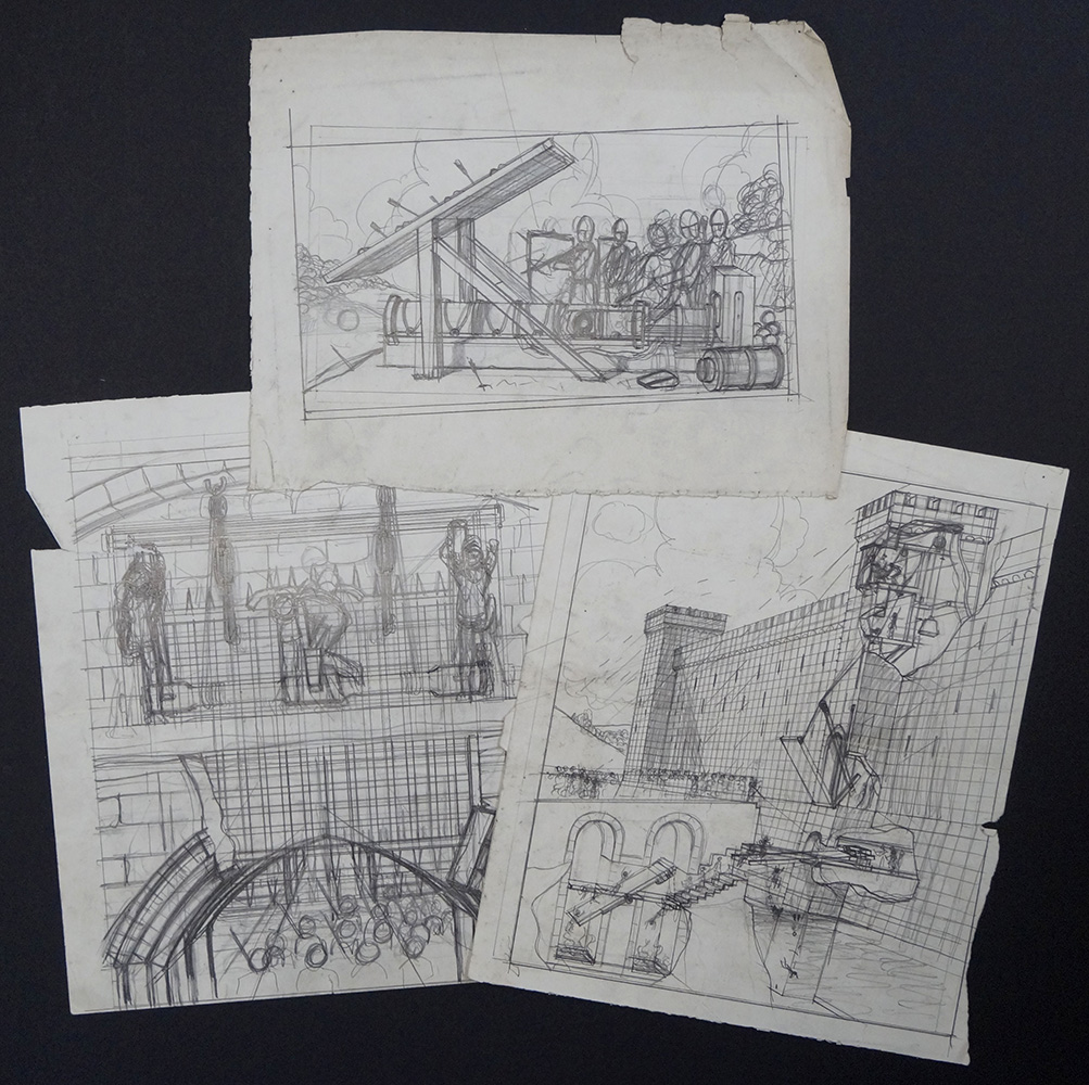 Castle Defences (set 1) - 3 cut-away sketches (Originals) art by Leslie Ashwell Wood Art at The Illustration Art Gallery