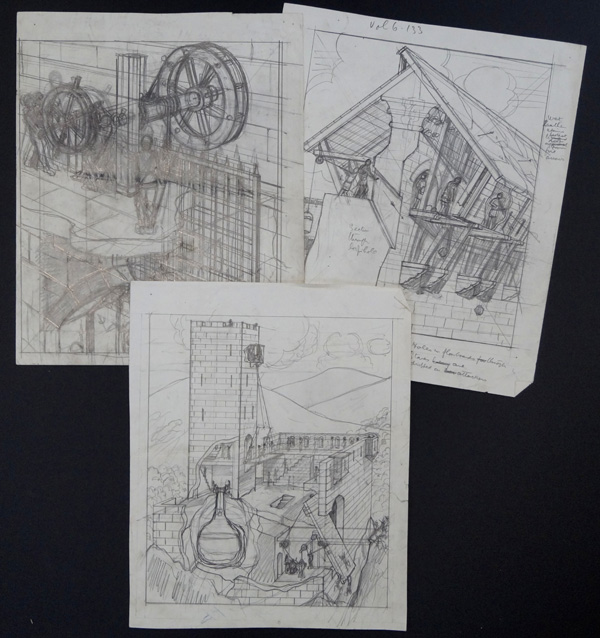 Castle Defences (set 3) - 3 cut-away sketches (Originals) by Leslie Ashwell Wood Art at The Illustration Art Gallery