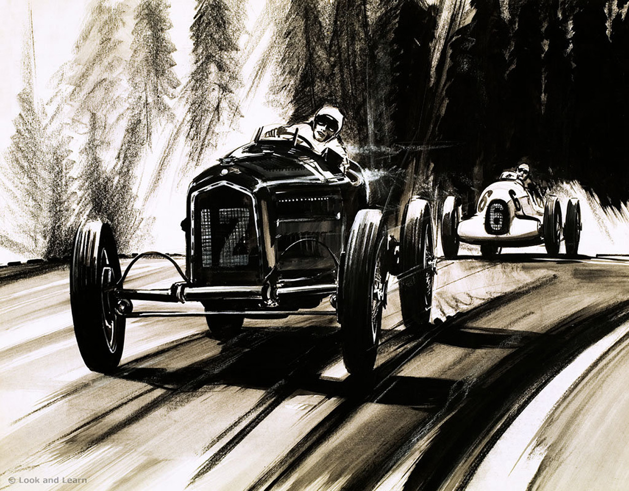 Motor Racing at the Nurburgring in the 1930s (Original) art by Gerry Wood Art at The Illustration Art Gallery